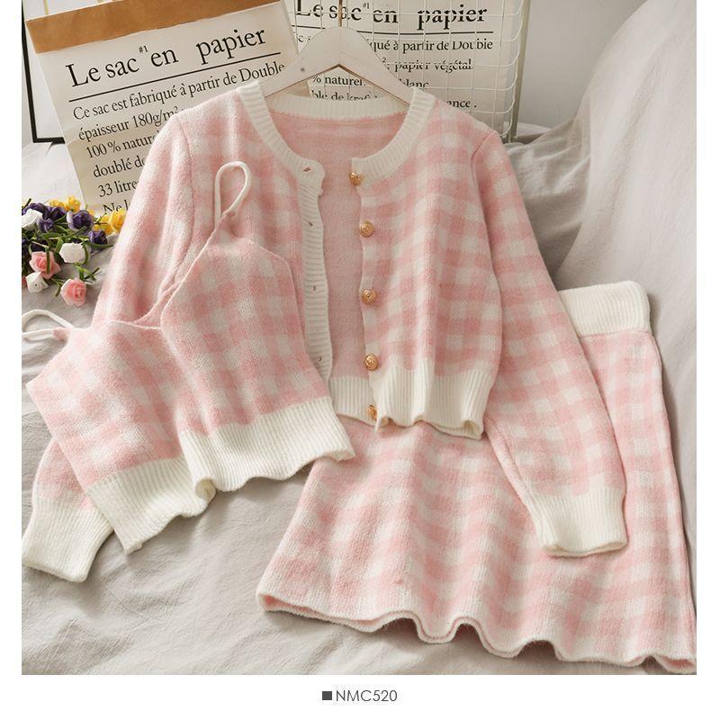 Set: Plaid Camisole Top + Light Cardigan + Mini Skirt Product Image