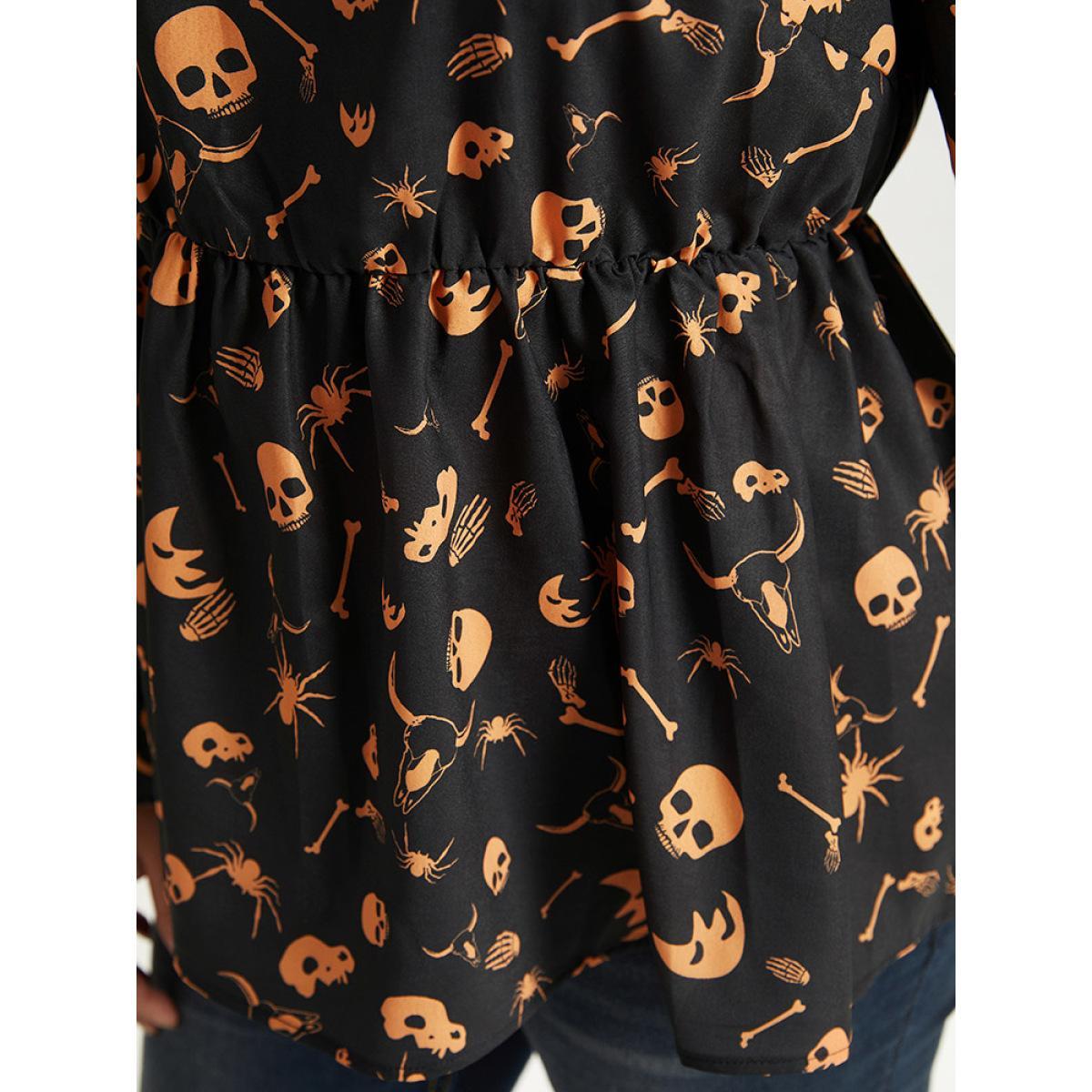 Plus Size Black Halloween Print Elastic Waist Crew Neck Lantern Sleeve Blouse Women Elegant Long Sleeve Round Neck Festival-Halloween Blouses BloomChic 12/L Product Image
