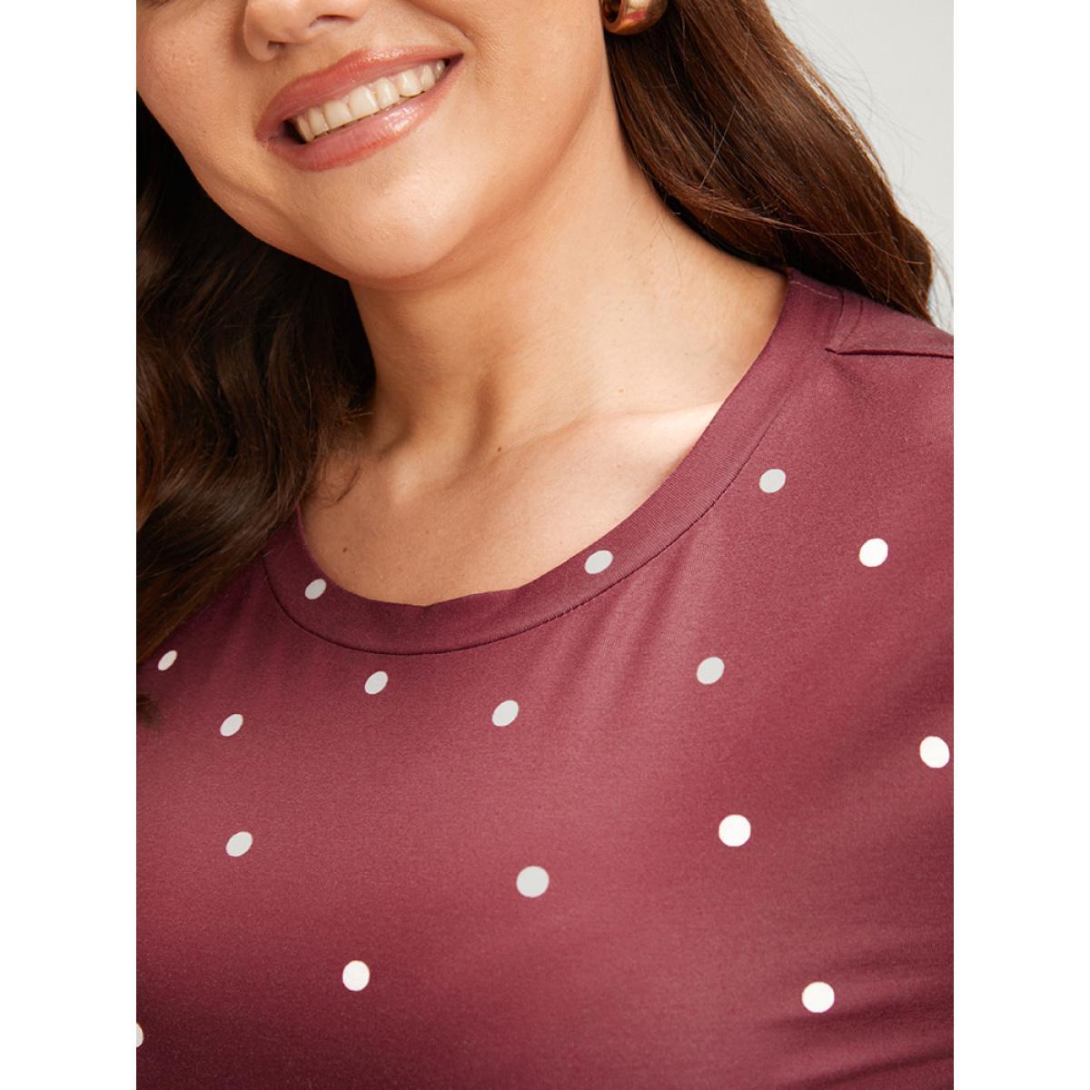 Plus Size Polka Dot Pocket Round Neck Midi Dress DustyPink Women Elegant Pocket Round Neck Long Sleeve Curvy Midi Dress BloomChic 26/4X Product Image
