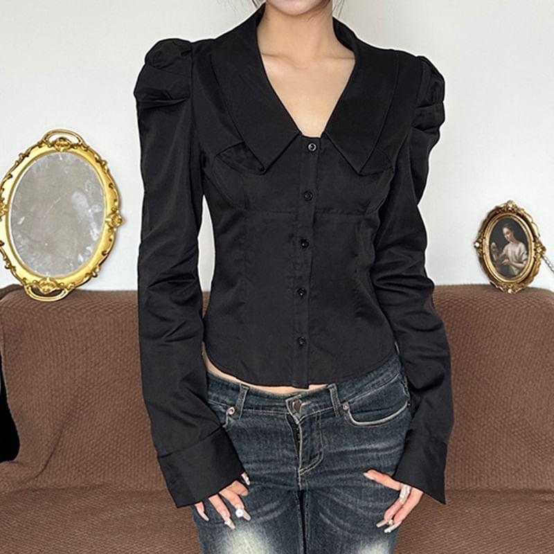 Long Sleeve Collared V-Neck Plain Crop Shirt Product Image