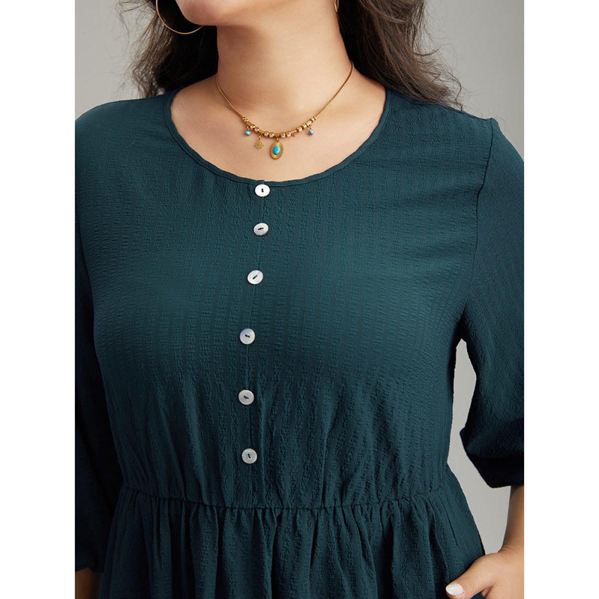 Plus Size Plain Textured Button Detail Pocket Dress DarkGreen Women Vacation Elastic cuffs Round Neck Elbow-length sleeve Curvy Midi Dress BloomChic 12/L Product Image