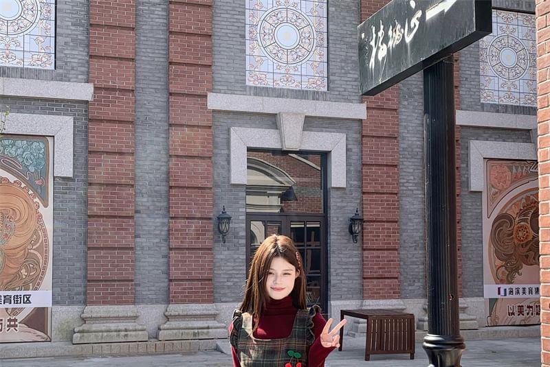 Turtleneck Plain Sweater / Square Neck Plaid Ruffle Midi Overall Dress Product Image