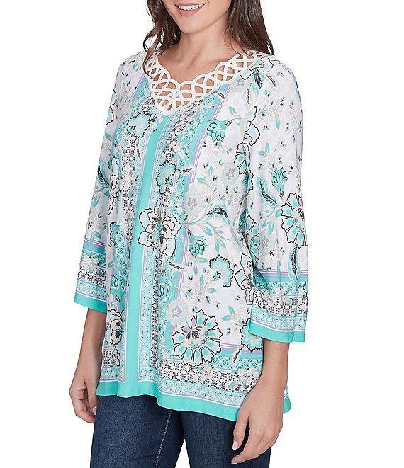 Ruby Rd. Crepe Knit Printed Lace Trim V-Neck 3/4 Sleeve Top Product Image