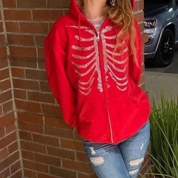 Oversized Rhinestone Ribcage Motif Zip Hoodie Product Image