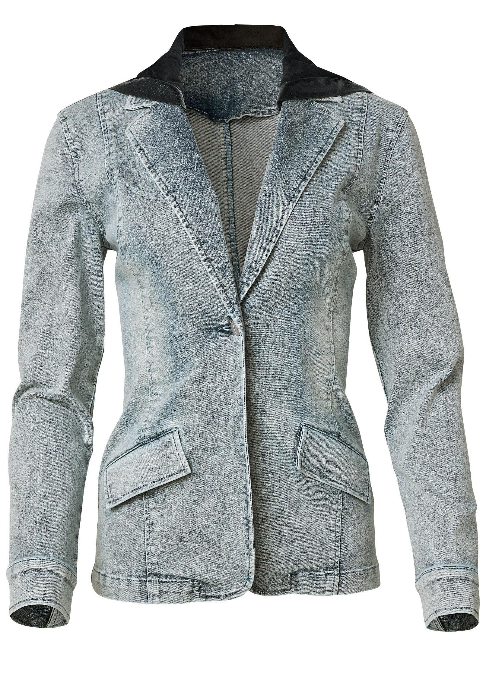 Denim Blazer With Faux Leather Hood - Medium Wash Product Image