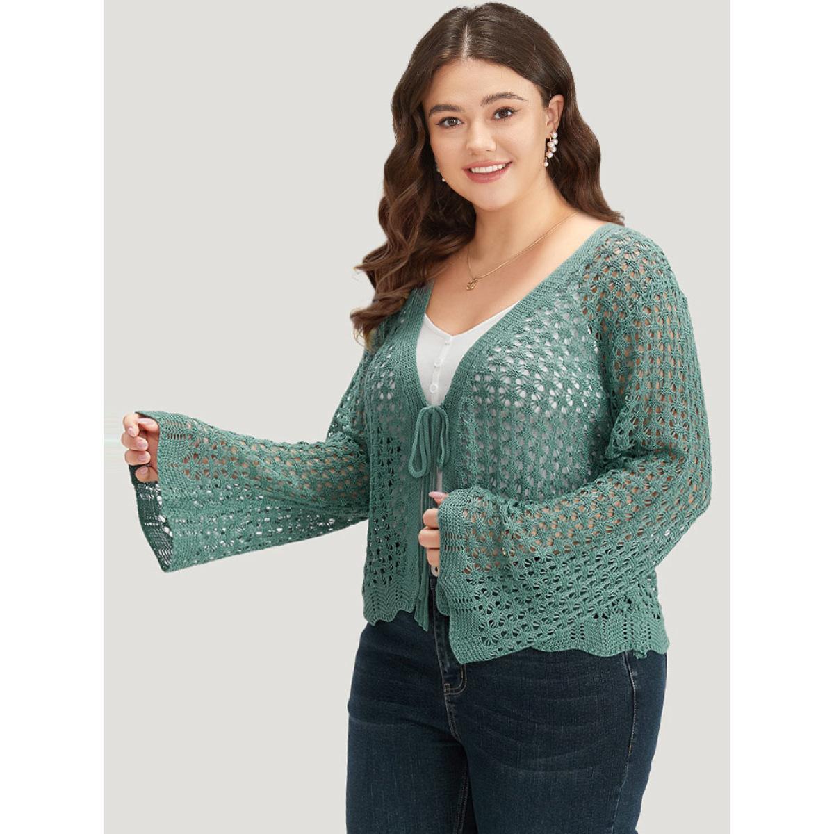 Plus Size Hollow Out Ties Front Bell Sleeve Cardigan Emerald Women Casual Loose Long Sleeve Everyday Cardigans BloomChic 30/6X Product Image