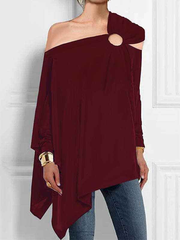 Long Sleeves Loose Asymmetric Hollow Solid Color Asymmetric Collar T-Shirts Tops Product Image
