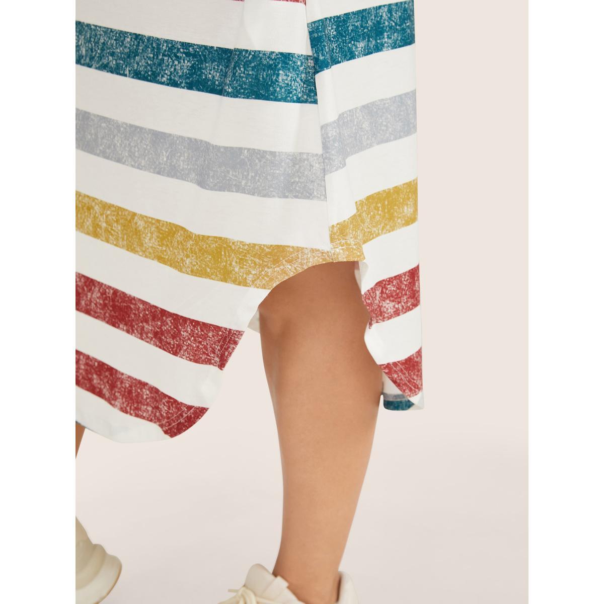 Plus Size Striped Contrast Arc Hem V Neck Pocket Dress Multicolor Women Casual Non V-neck Short sleeve Curvy Midi Dress BloomChic 14-16/1X Product Image