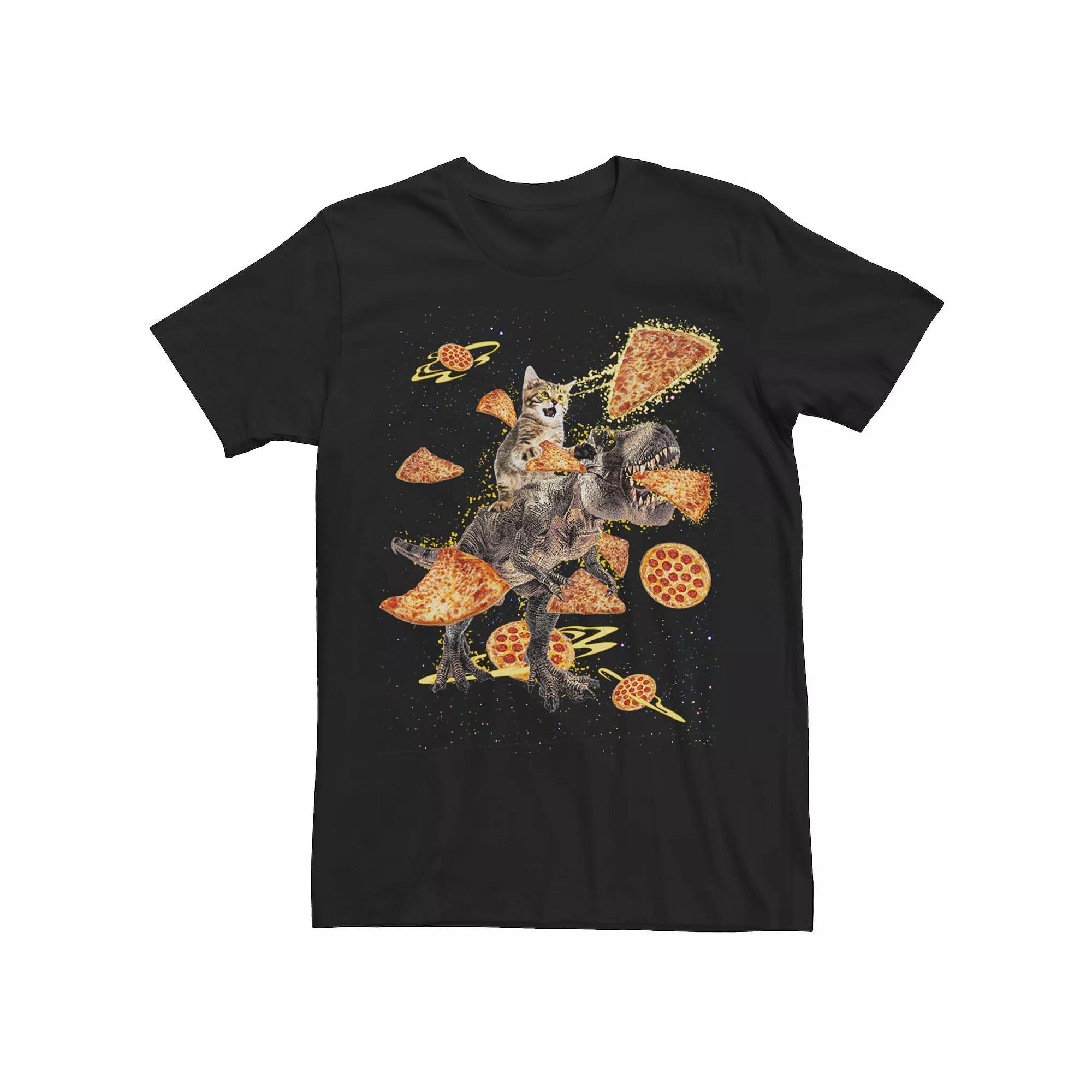 Men's Kitten T-Rex Eating Pizza In Space Tee, Size: XXL, Black Product Image