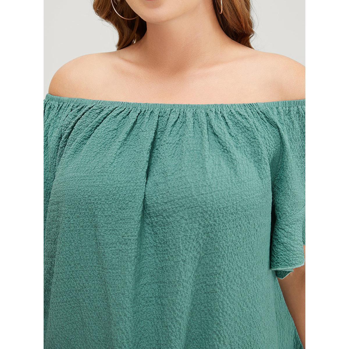 Plus Size Teal Solid Cut Out Knotted Hem Ruffle Sleeve One Shoulder Blouse Women Elegant Short sleeve One Shoulder Dailywear Blouses BloomChic 28/5X Product Image