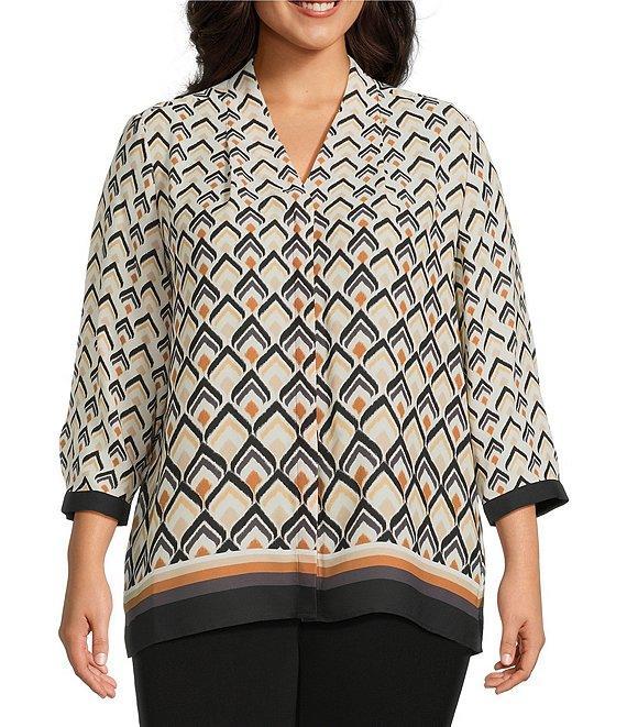 Investments Plus Size Caroline Signature Diamond Border V-Neck 3/4 Sleeve Button Front Top Product Image