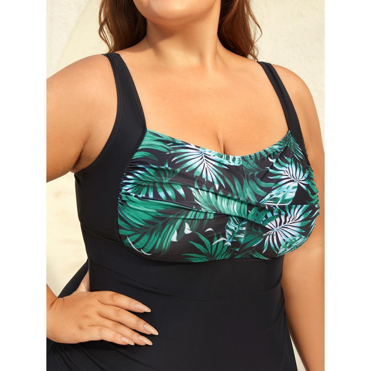 Plus Size 2-in-1 Tropical Sarong One-Piece Swimsuit Women's Swimwear Black Beach Twist Curve Bathing Suits High stretch One Pieces BloomChic 12/L Product Image