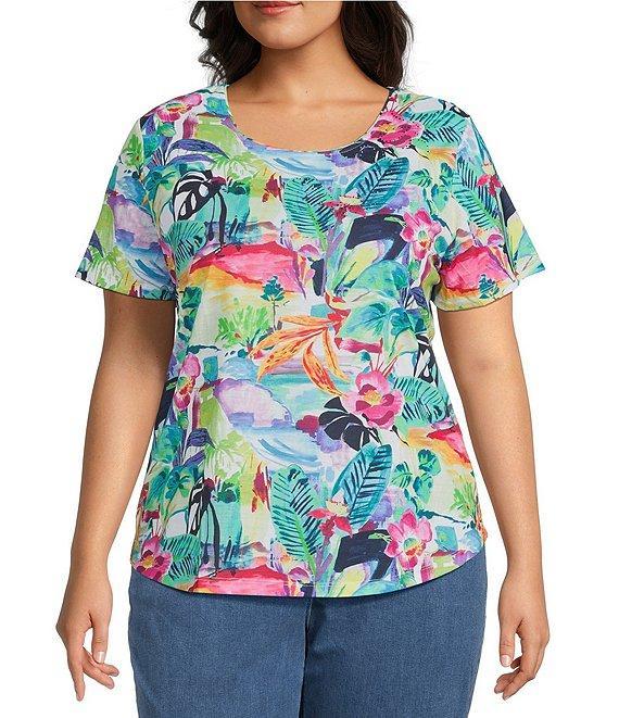 Allison Daley Plus Size Balinese Breeze Print Short Sleeve Crew Neck Knit Top Product Image