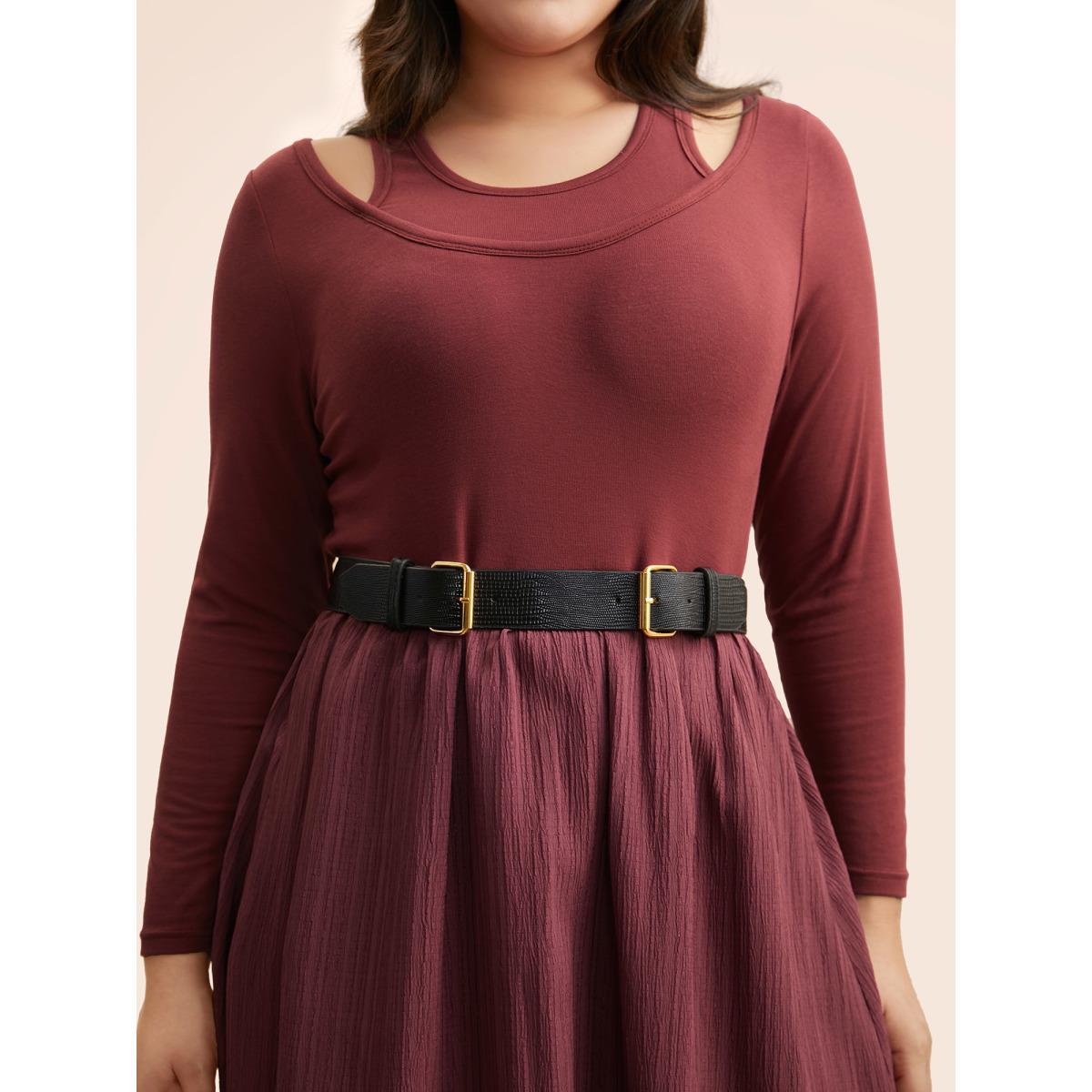 Plus Size 2-In-1 Patchwork Gathered Dress Burgundy Women Casual Texture Round Neck Long Sleeve Curvy BloomChic 26/4X Product Image