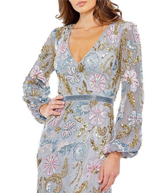 Mac Duggal Floral Embellished Mesh V-Neck Long Sleeve Midi Dress Product Image
