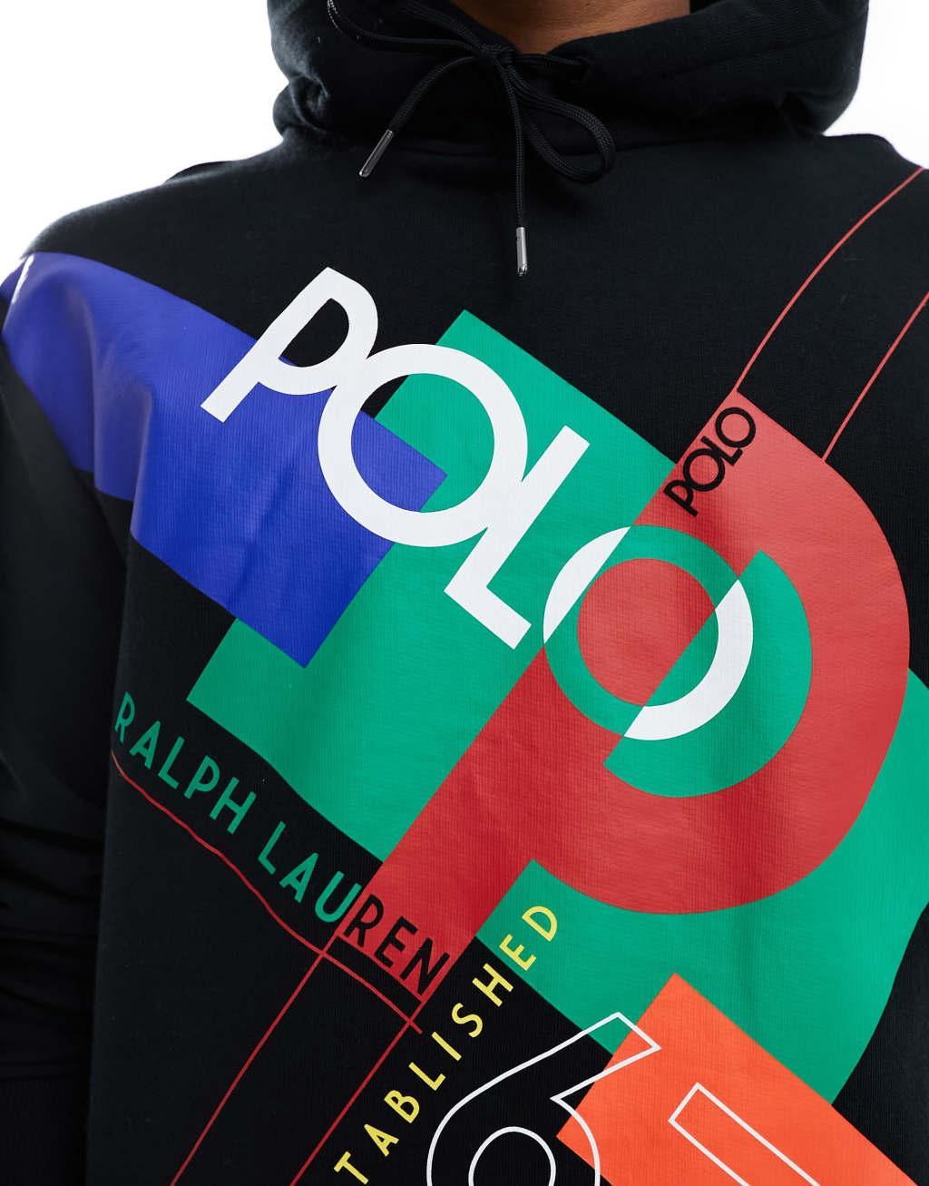 Polo Ralph Lauren colorblock logo print hoodie in black Product Image