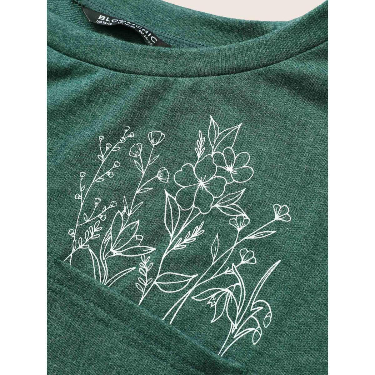 Plus Size Floral Print Heather Patched Pocket Sweatshirt Women Green Casual Non Round Neck Everyday Sweatshirts BloomChic 10/M Product Image