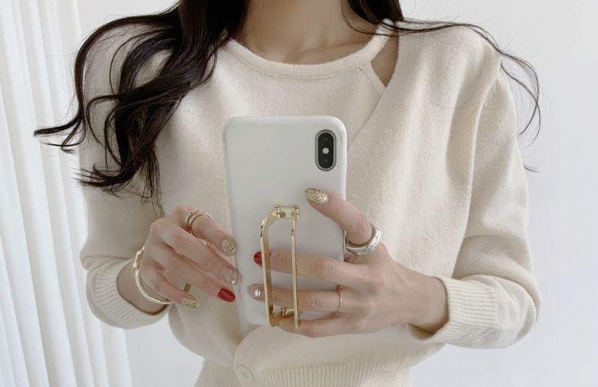 Long Sleeve Crew Neck Plain Button Up Crop Knit Top Product Image