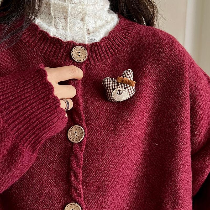 Crew Neck Cartoon Accent Button-Up Cardigan / Plaid Asymmetrical Lace Panel Layered Maxi A-Line Skirt Product Image
