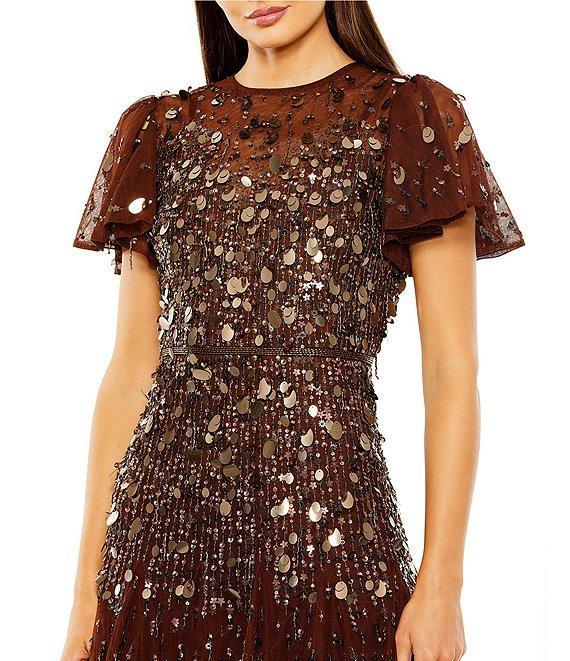 Mac Duggal Beaded Mesh High Neck Short Flutter Sleeve Fringe A-Line Dress Product Image