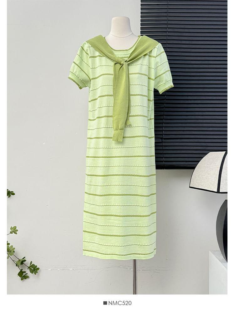 Inset-Shawl Striped Midi T-Shirt Dress Product Image
