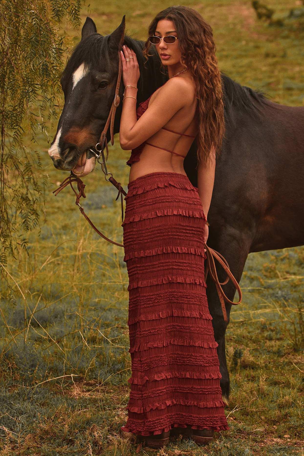 Ruffled Mid-Rise Maxi Skirt in Burnt Red Product Image