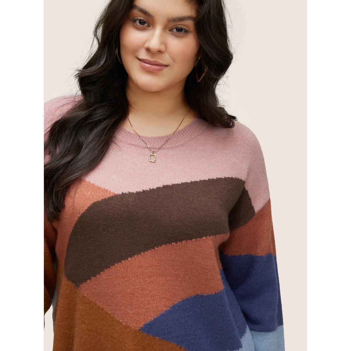 Plus Size Supersoft Essentials Colorblock Patchwork Pullover Multicolor Women Casual Long Sleeve Round Neck Everyday Pullovers BloomChic 12/L Product Image