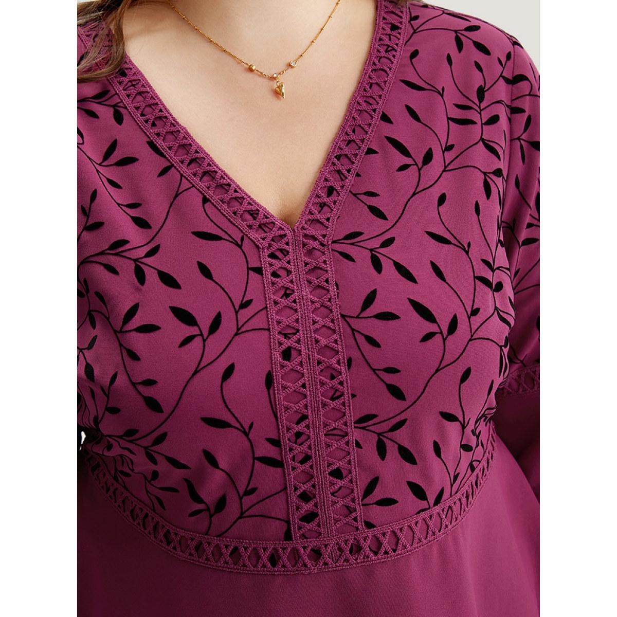 Plus Size RedViolet Silhouette Floral Print Lace Patchwork Layered Hem Blouse Women Elegant Long Sleeve V-neck Dailywear Blouses BloomChic 26/4X Product Image
