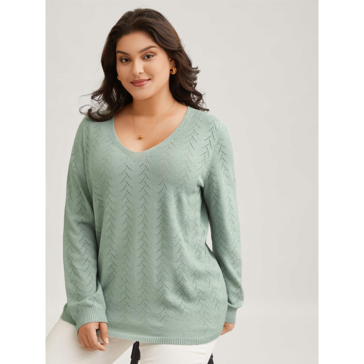 Plus Size Texture V Neck Lightweight Pullover Greenbean Women Casual Long Sleeve V-neck Everyday Pullovers BloomChic 22-24/3X Product Image