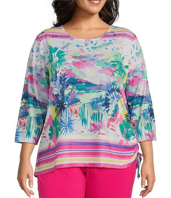 Allison Daley Plus Size Embellished Watercolor Tropics Print 3/4 Sleeve Crew Neck Ruched Side Tie Hem Knit Top Product Image