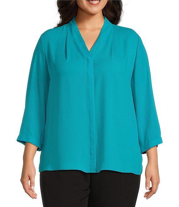 Investments Plus Size Caroline Signature V-Neck 3/4 Sleeve Button Front Blouse Product Image