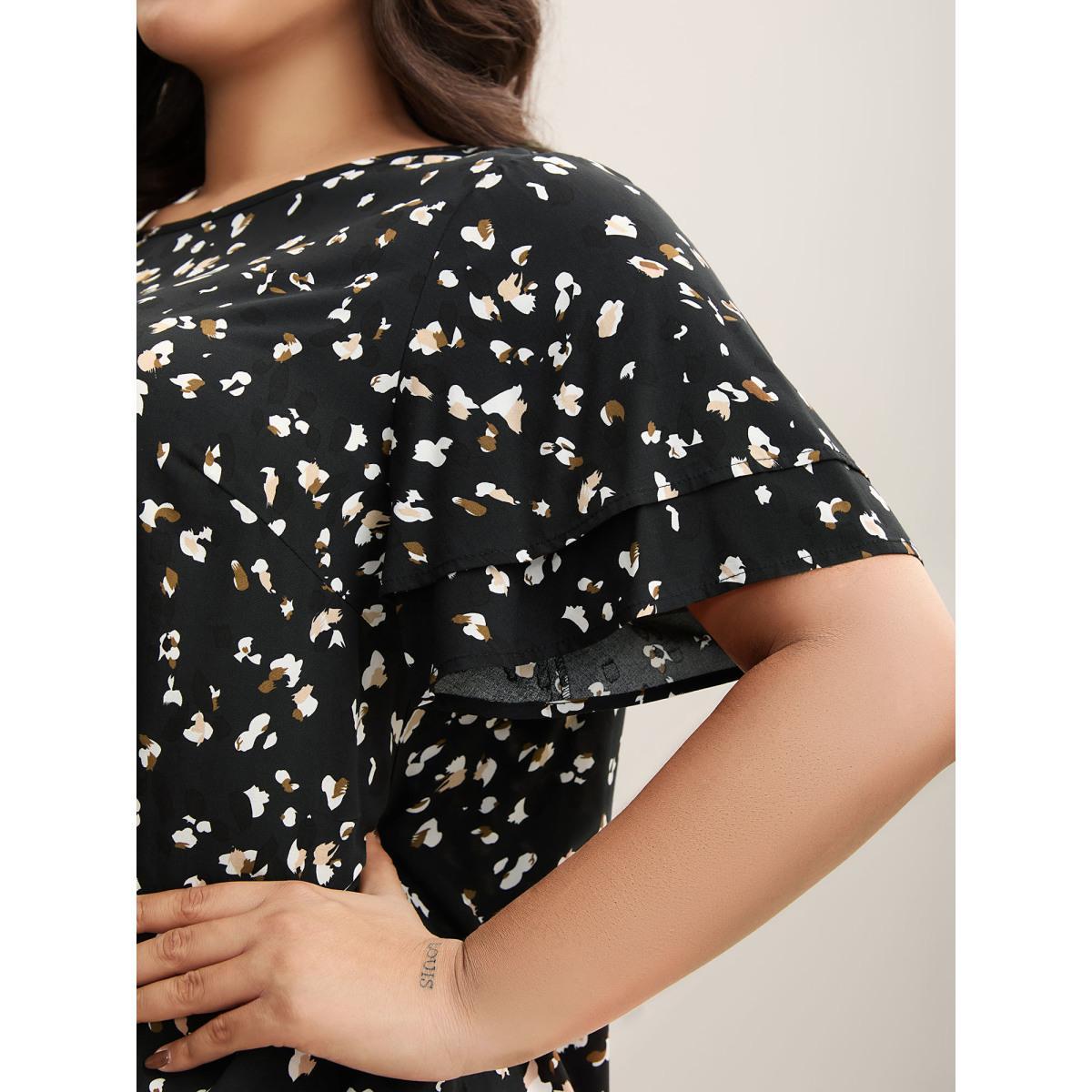 Plus Size Black Leopard Dot Print Layered Sleeve Blouse Women Short sleeve Round Neck Work Blouses BloomChic 18-20/2X Product Image