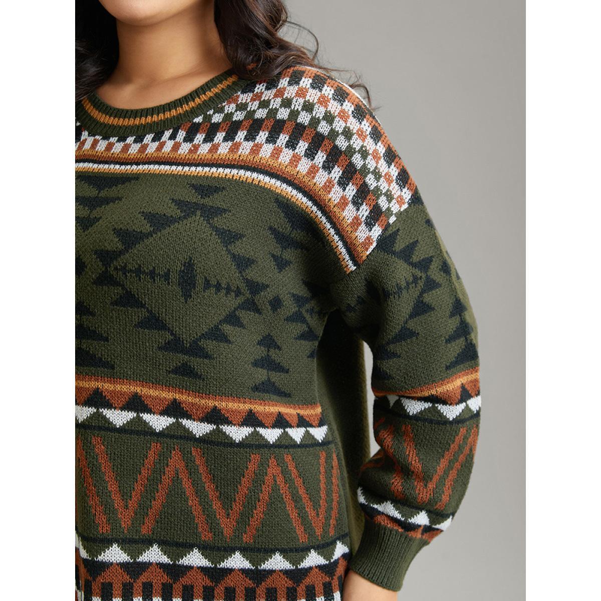 Plus Size Geometric Contrast Crew Neck Drop Shoulder Pullover DarkGreen Women Casual Loose Long Sleeve V-neck Everyday Pullovers BloomChic 26/4X Product Image