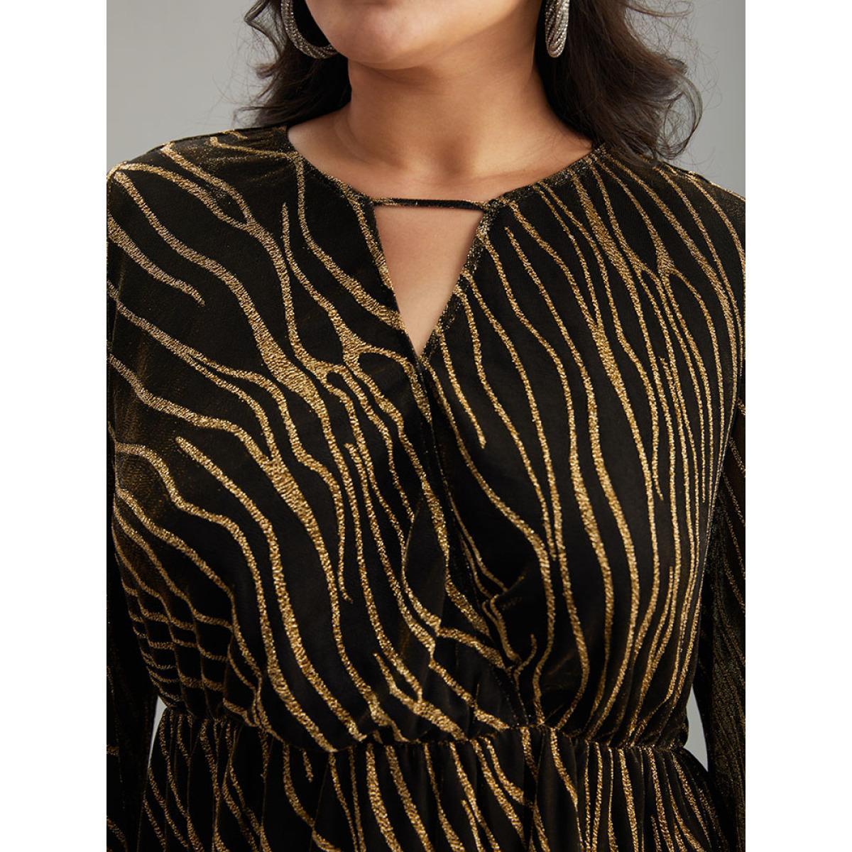 Plus Size Gold Glitter Striped Mesh Keyhole Lantern Sleeve Blouse Women Cocktail Long Sleeve Keyhole Cut-Out Party Blouses BloomChic 22-24/3X Product Image
