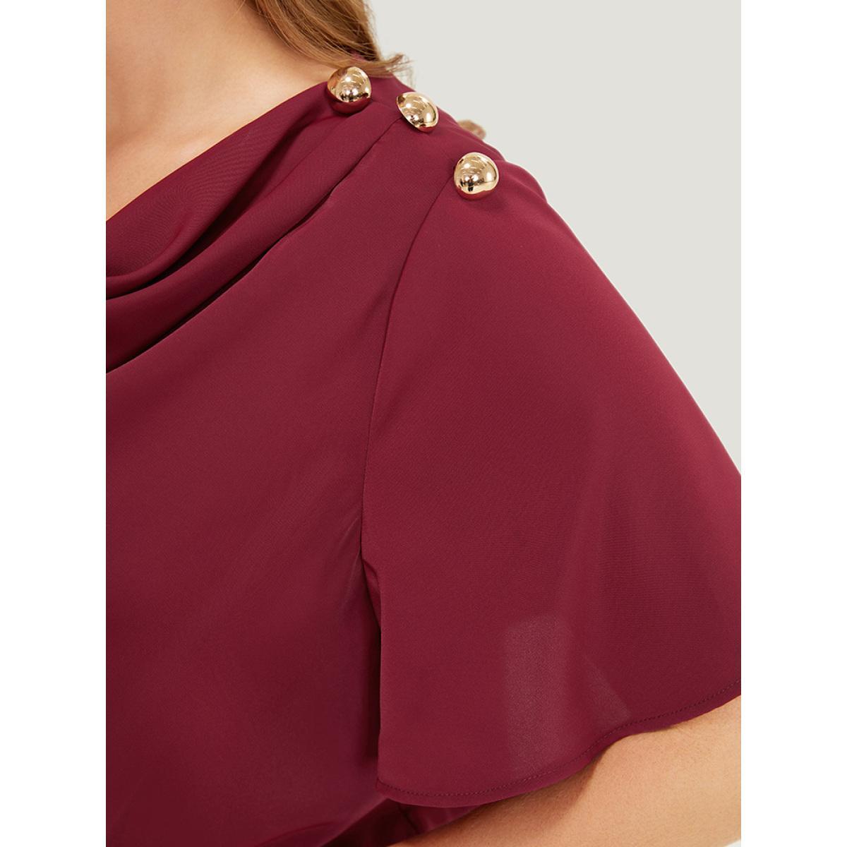 Plus Size Scarlet Plain Cowl Neck Button Detail Flutter Sleeve Blouse Women Office Short sleeve Cowl Neck Work Blouses BloomChic 28/5X Product Image
