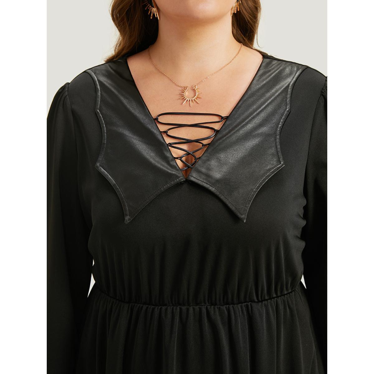 Plus Size Halloween Plain PU Crisscross Patchwork Pocket Dress Black Women Elegant Elastic cuffs V-neck Long Sleeve Curvy Knee Dress BloomChic 22-24/3X Product Image