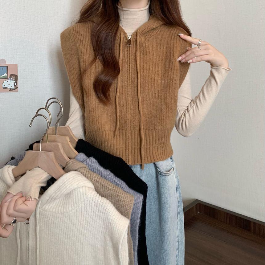 Plain Hood Zip Sweater Vest / Long-Sleeve Mock Neck Plain Top Product Image