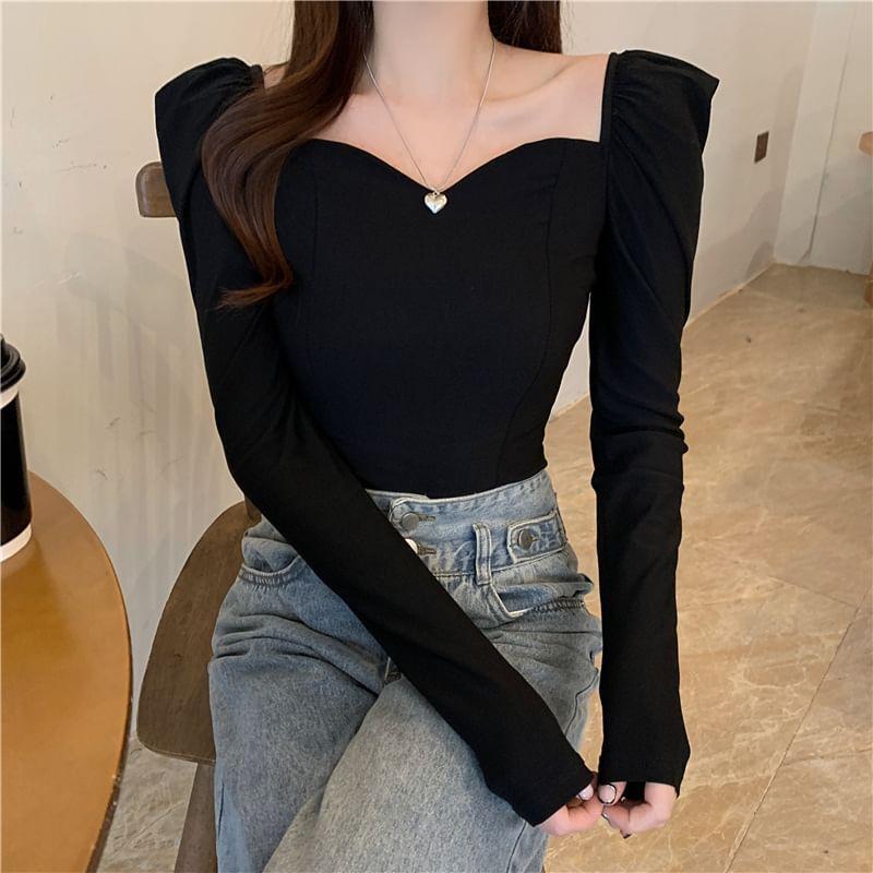 Long-Sleeve Sweetheart Neck Plain Slim Fit T-Shirt Product Image