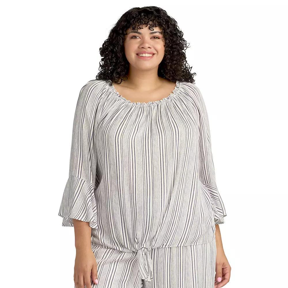 Plus Size AB Studio Off Shoulder Bell Sleeve Top, Women's, Size: 4XL, E Blue Stripe Product Image
