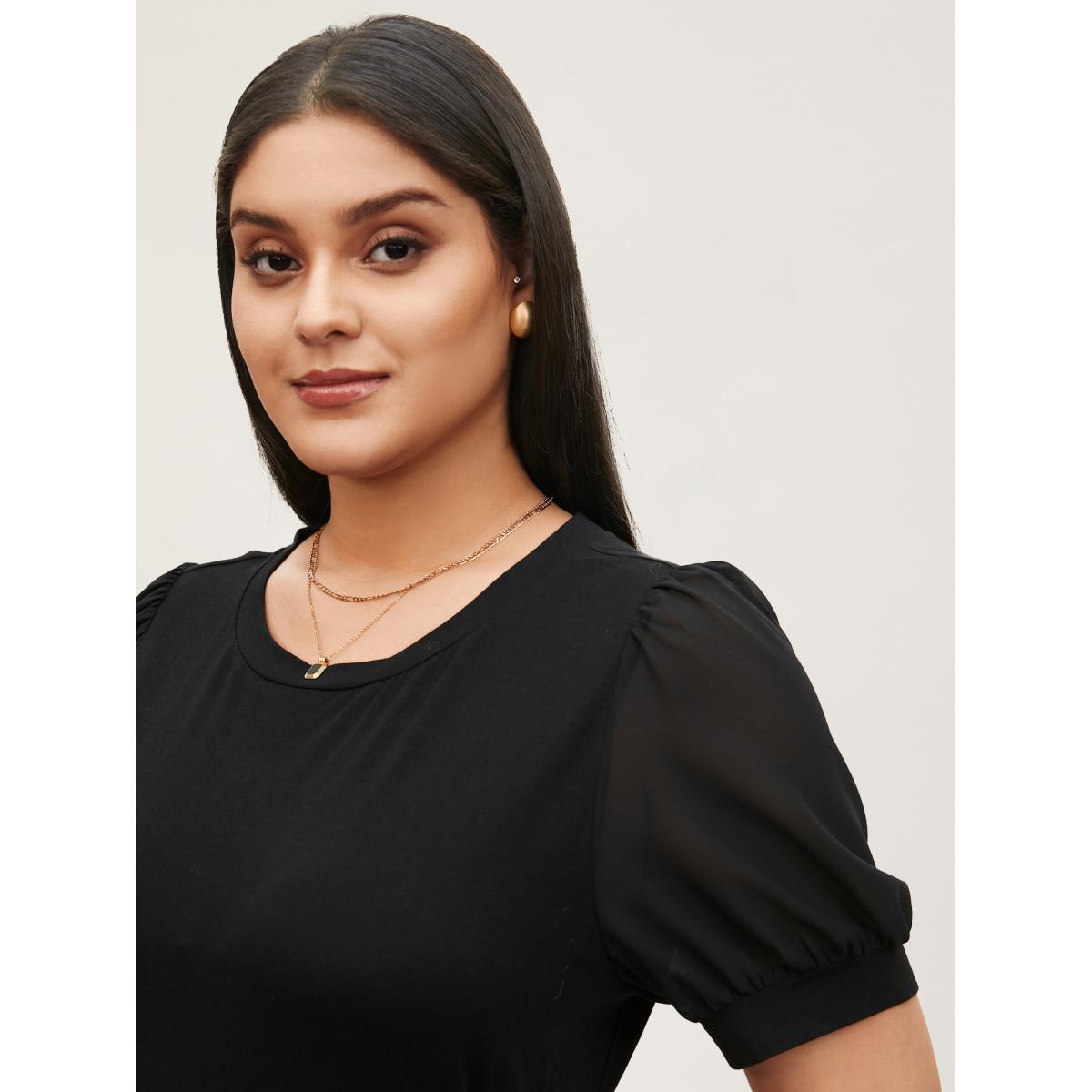 Plus Size Solid Chiffon Patchwork Puff Sleeve T-shirt Black Women Workwear Essentials Patchwork Round Neck Work T-shirts BloomChic 18-20/2X Product Image