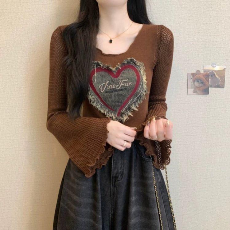 Long-Sleeve Scoop Neck Heart Denim Patchwork Lettuce Edge Crop Knit Top Product Image