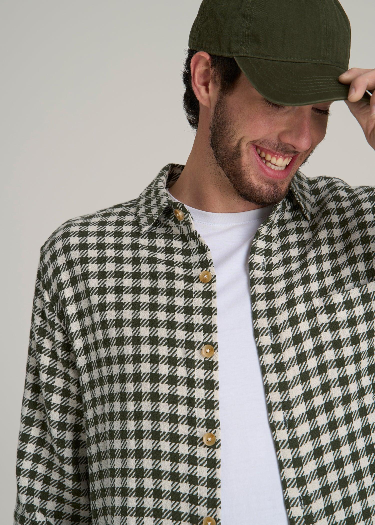 Lightweight Woven Overshirt for Tall Men in Olive and Ecru Check Product Image