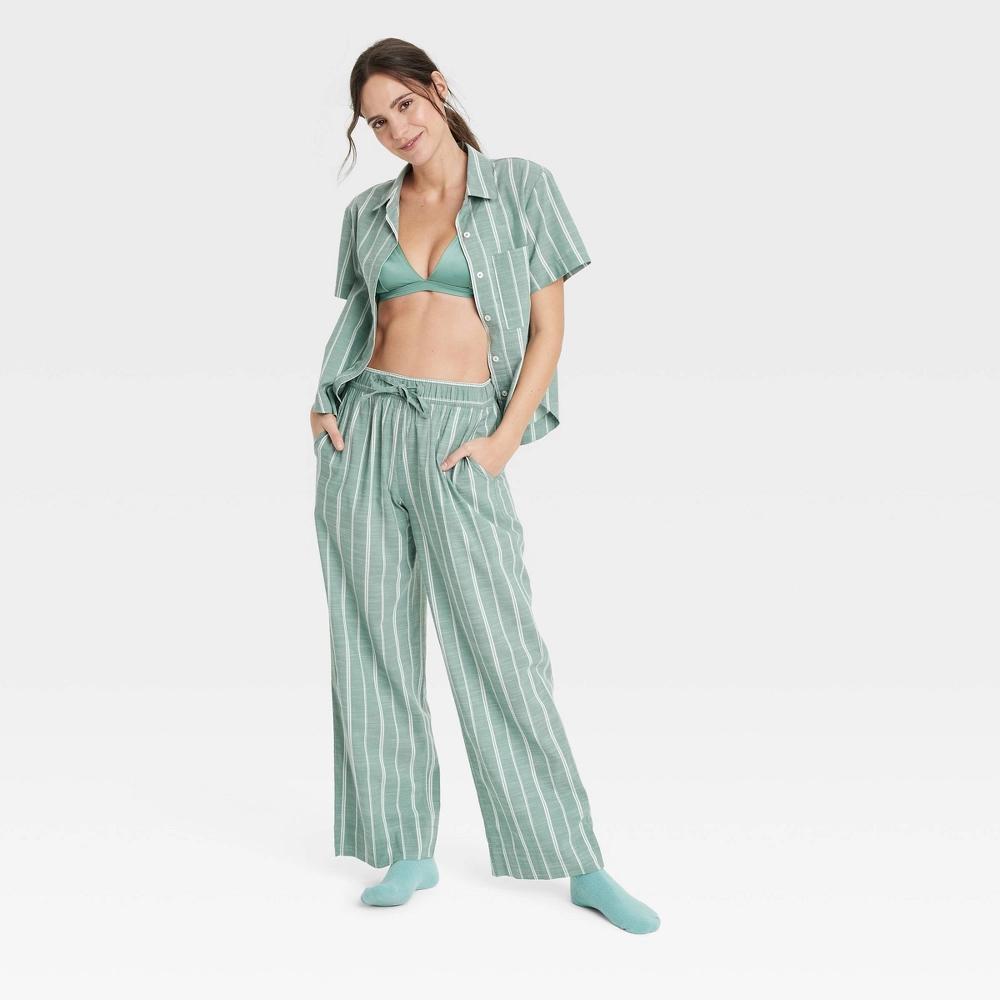 Women's Striped Cotton Blend Pajama Pants - Auden™ Green XS: Relaxed Fit, Ankle Length, Elastic Waistband, 30.5" Inseam Product Image