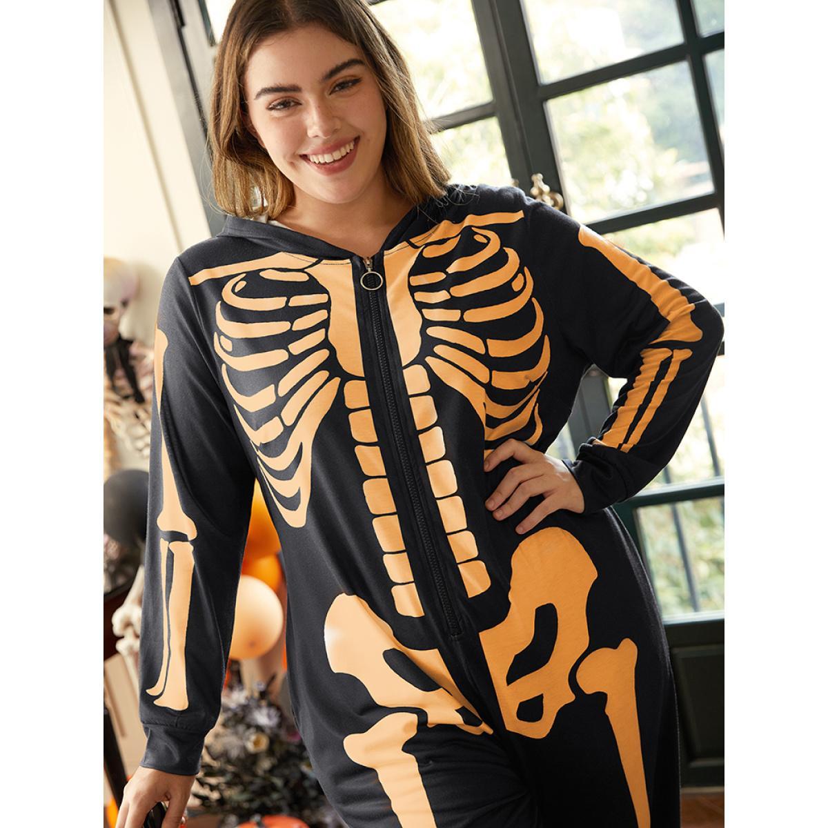 Plus Size Halloween Skull Print Hooded Zipper Sleep Jumpsuit Women Chocolate Casual Graphic-Halloween Printed Hooded Pocket Loungewear BloomChic 26/4X Product Image