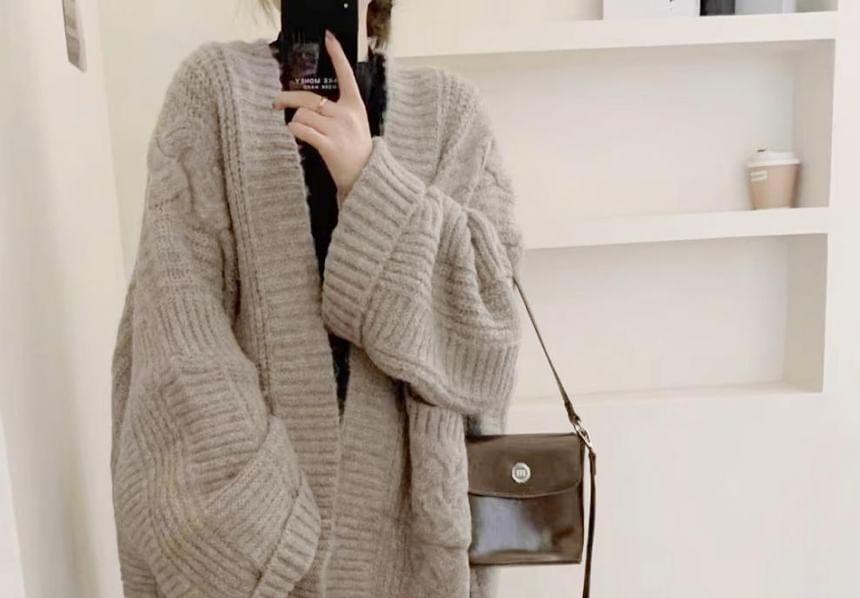 Plain Cable Knit Open Front Cardigan Product Image