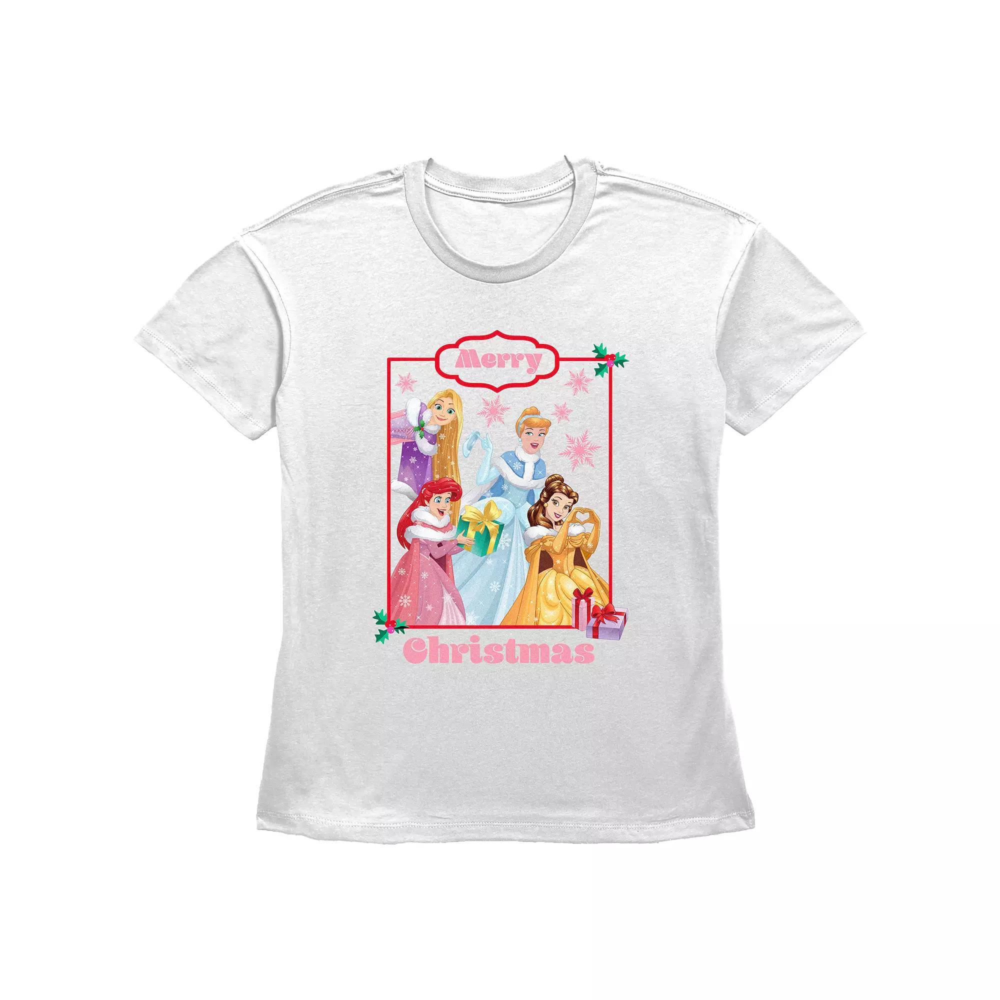 Disney Princess Rapunzel, Cinderella, Ariel & Belle Merry Christmas Women's Graphic Tee, Size: XL, White Product Image