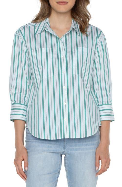 Liverpool Los Angeles Button Front Shirt with 3/4 Sleeve Stretch Poplin (Teal White Stripe) Women's Clothing Product Image
