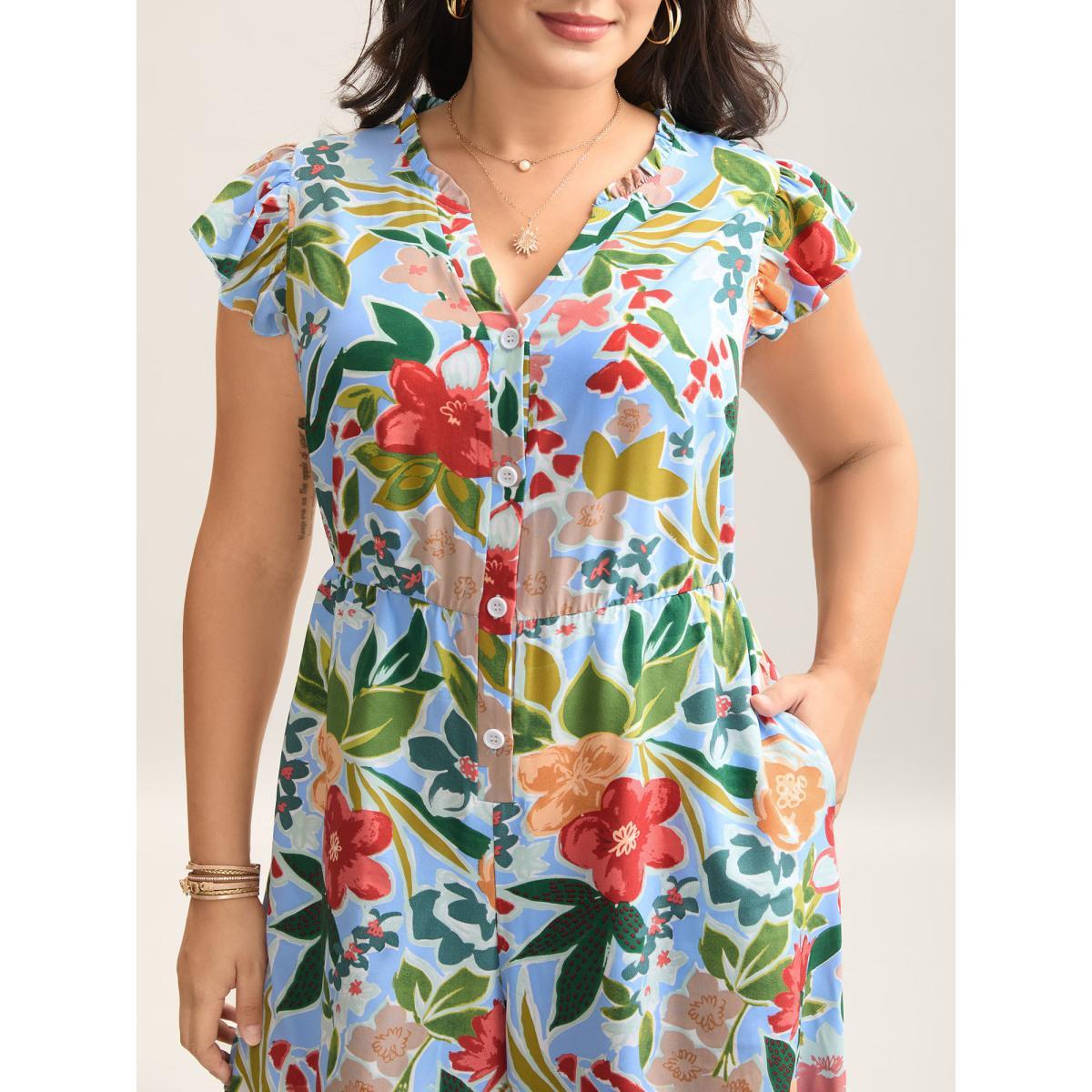Plus Size LightBlue Sunkissed Floral Print Button Wide-Leg Jumpsuit Women Cap Sleeve Notched collar Vacation Loose Jumpsuits BloomChic 18-20/2X Product Image