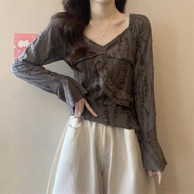 Long-Sleeve Plain Asymmetrical Ruffle Trim Distressed Slim Fit T-Shirt Product Image