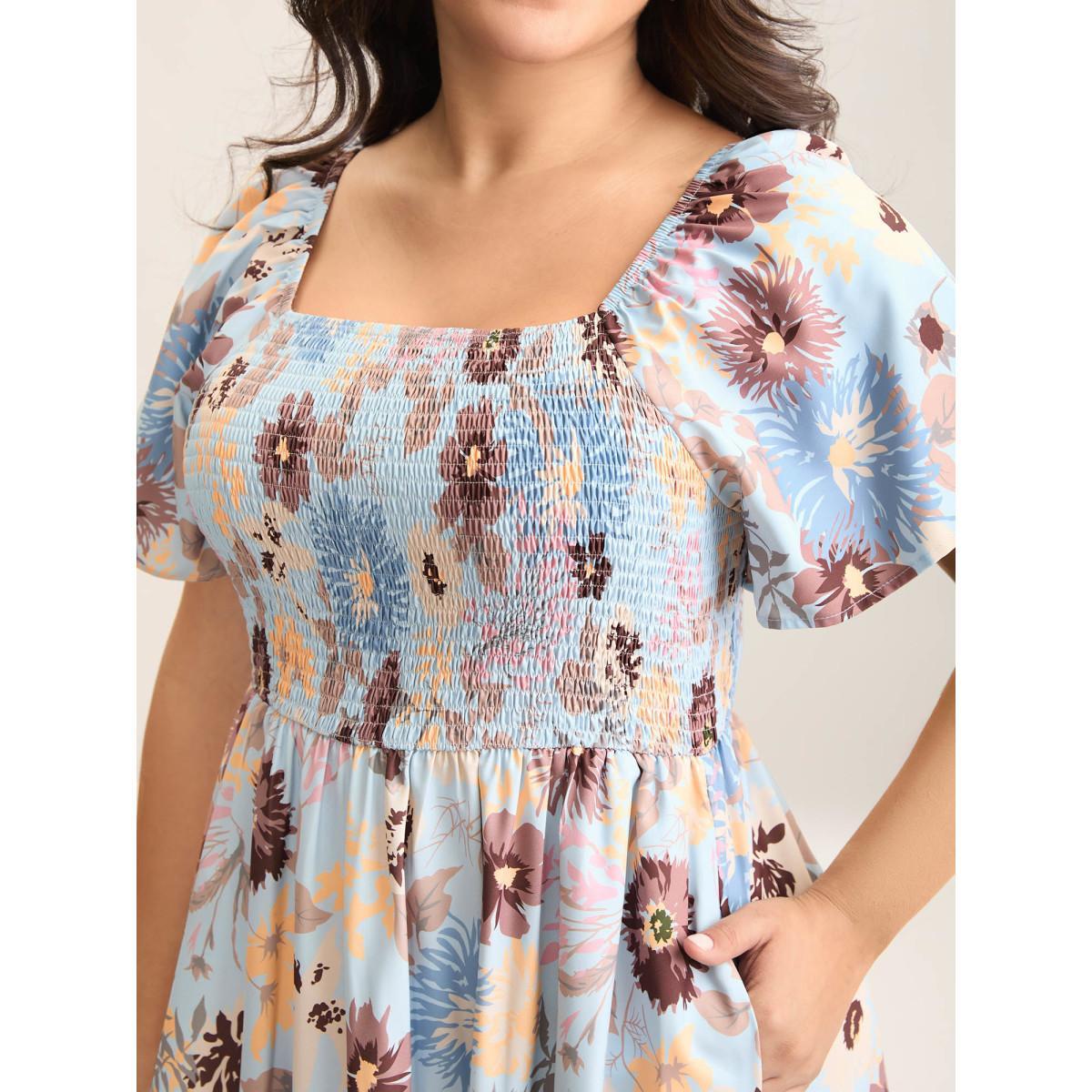 Plus Size Floral Shirred Square Neck Pocket Midi Dress Skyblue Women Elegant Non Square Neck Short sleeve Curvy Midi Dress BloomChic 26/4X Product Image